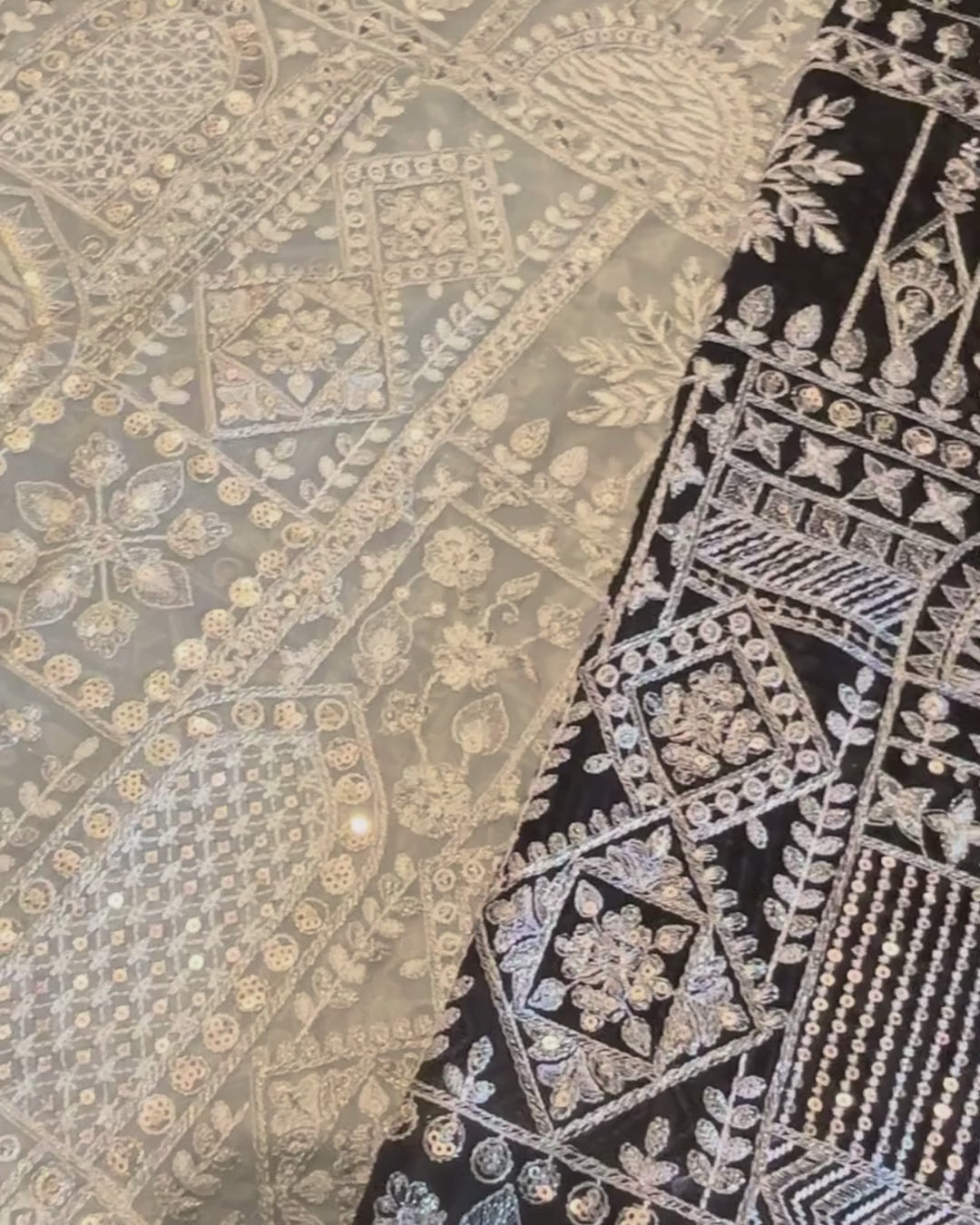 Ivory Threadwork Geometric Embroidered Fabric