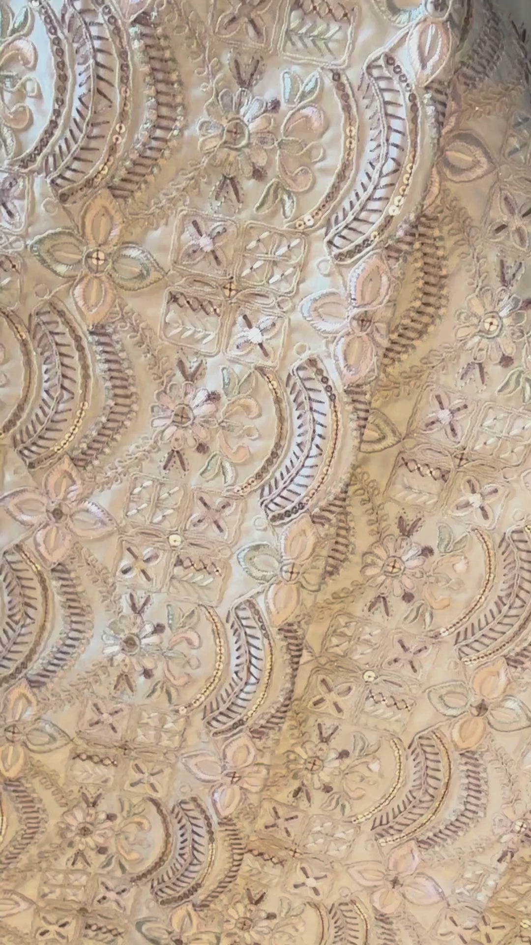 Beige Floral & Crescent Sequin Embroidered Net Fabric