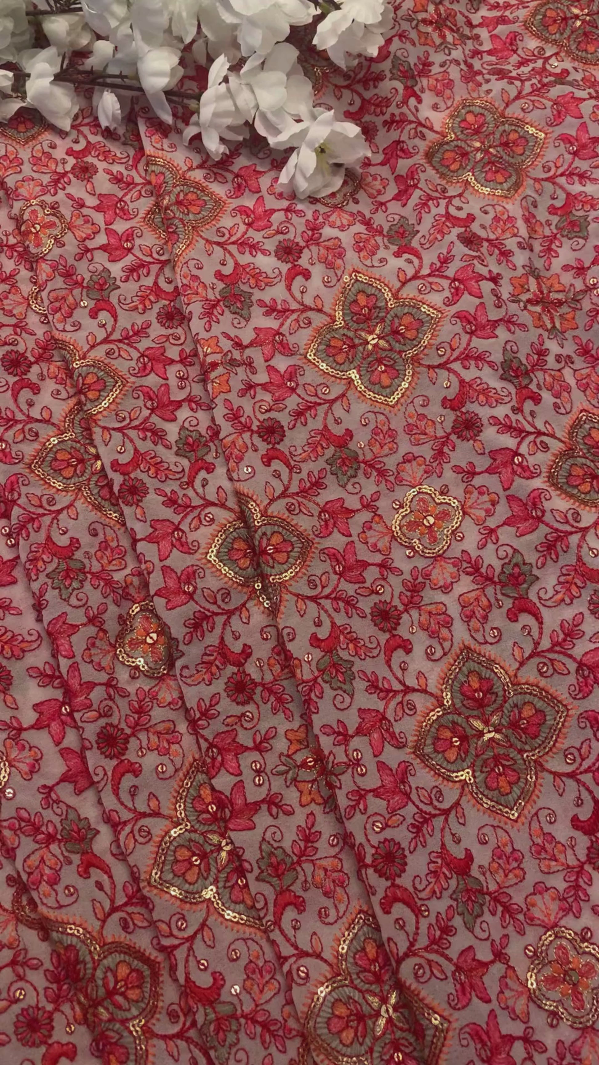 Red Floral Embroidered Georgette Fabric